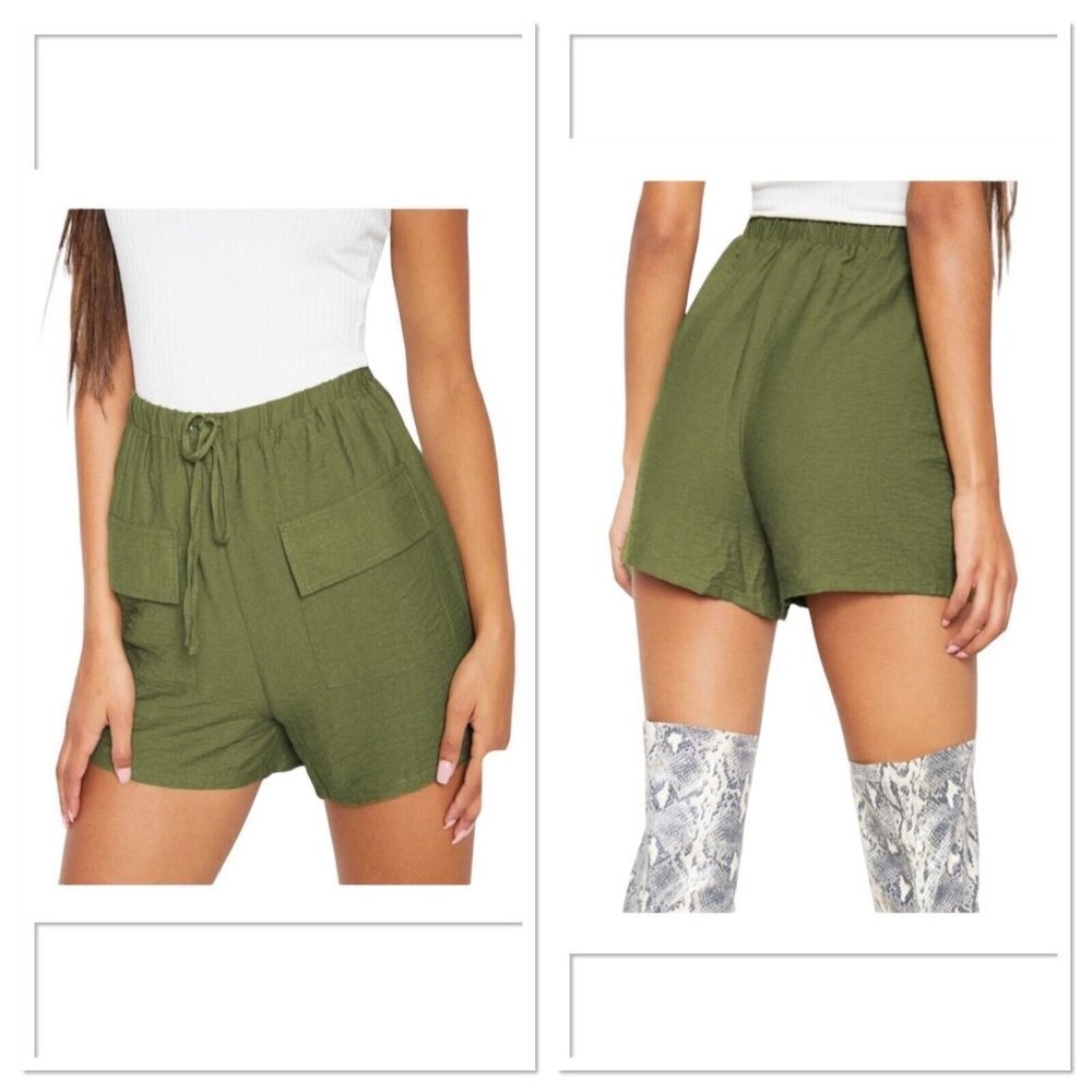 PrettyLittleThing Women Khaki Woven Pocket Front Drawstring Shorts Green 10